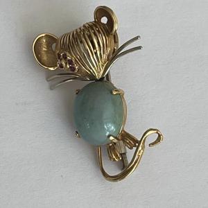 4560- Amazonite Ruby Yellow Gold Mouse Brooch