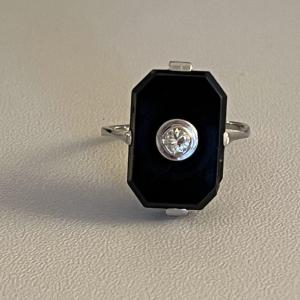 3766- Bague Art Deco Onyx Diamant