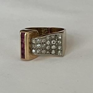 4489- White Gold Platinum Diamonds Red Stones Tank Ring