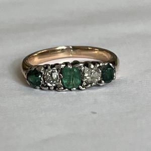 4491- Old Garter Ring Yellow Gold Platinum Emerald Diamonds