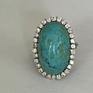 4519- Bague Or Gris Turquoise Diamants