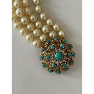4765- Bracelet 4 Rows Of Pearls With Yellow Gold Turquoises Clasp
