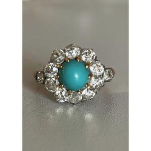 1813- Bague Ancienne Or Rose Et Gris Turquoise Diamants