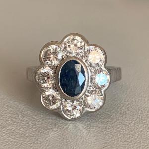 2963- Flower Ring White Gold Sapphire Diamonds 1.50 Ct