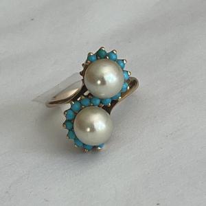 4550- Bague Croisée Or Jaune Perles Turqoises