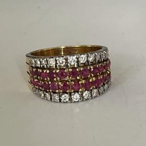 4753- Bague Bandeau Or Jaune Rubis Diamants