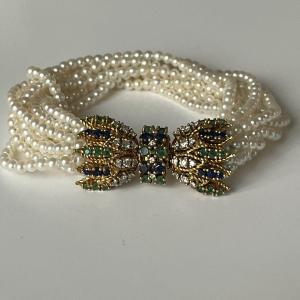 4996- Bracelet 10 Rows Pearls Diamonds Sapphires Emeralds