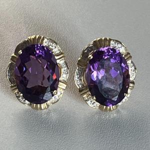 4910- Yellow Gold Amethyst Diamond Earrings