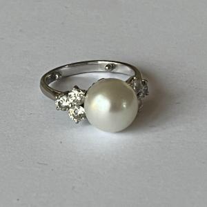 5038- White Gold Pearl Ring 11 Mm Diamonds 0.90 Ct