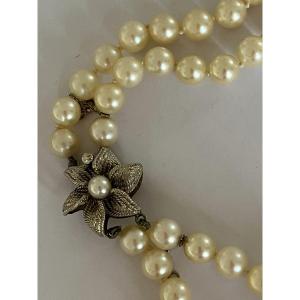 5044- Necklace 2 Rows Of Pearls Flower Clasp Gold Gray Pearls