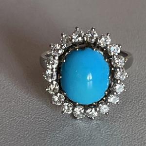 5075- Bague Or Gris Turquoise Diamants