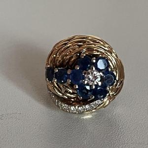 5103- Yellow Gold Sapphires Diamonds Ball Ring