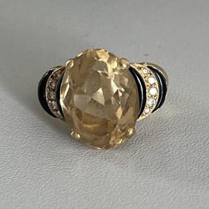 4594- Bague Art Deco Or Jaune Citrine Onyx Diamants