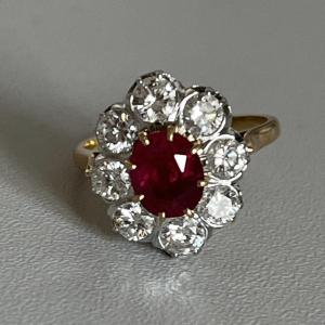 4831- Yellow Gold And Gray Ruby Flower Ring 1.70 Ct And Diamonds 1.50 Ct