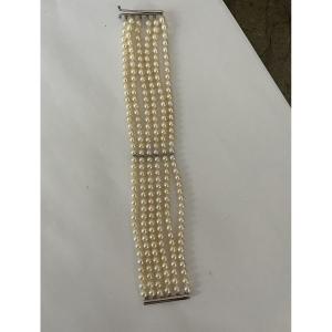 4521- Bracelet 6 Rangs Perles Fermoir Or Gris