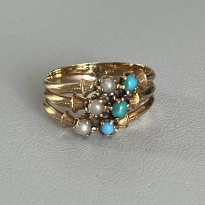 4806- Ring 3 Rings Yellow Gold Turquoise Pearls