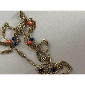 5216- Collier Sautoir Ancien Or Jaune Corail Lapis Lazuli