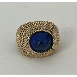5273- Bague Dôme Or Jaune Torsadé Lapis Lazuli