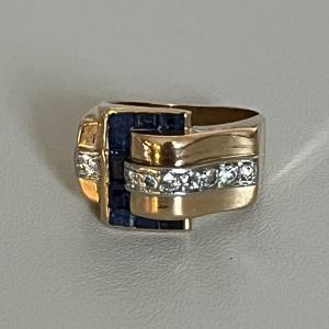 5274- Tank Ring Yellow Gold Diamonds Sapphires