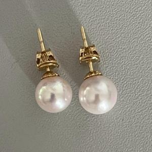 5326- Yellow Gold Pearl Stud Earrings 9 Mm