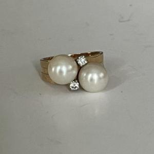 4195- Yellow Gold Pearls Diamonds Little Finger Ring