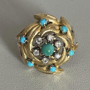 5325- Bague Or Jaune Feuillages Diamants Et Turquoises