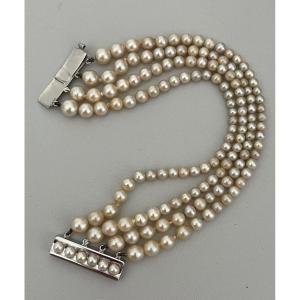 4707- Bracelet 4 Rows Of Pearls Clasp Gold Gray Pearls