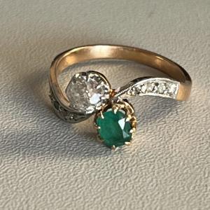 5163- Toi & Moi Ring Yellow Gold Emerald Diamonds