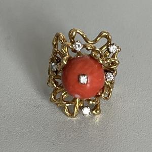 5177- Yellow Gold Coral Diamond Cocktail Ring