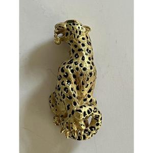 5418- Panther Clip Brooch Yellow Gold Emerald Enamel