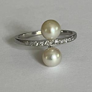 5557- Bague Toi & Moi Platine Perles Diamants