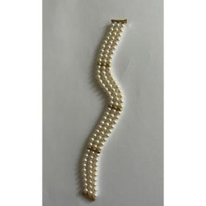 5555- Yellow Gold 3 Row Pearl Bracelet