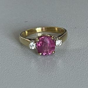 5523- Bague Or Jaune Saphir Rose Diamants