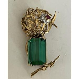 5492- Yellow Gold Bird Brooch Tourmaline Diamonds Ruby