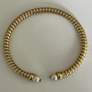 5554- Bracelet Jonc Or Jaune Cannelé Perle