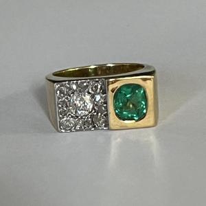 5534- Yellow Gold Emerald Diamond Signet Ring
