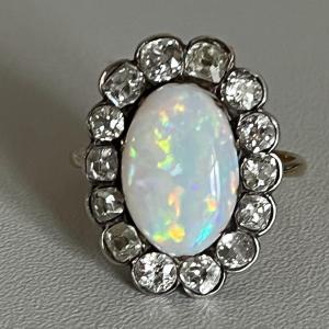 5594- Bague Ancienne Or Jaune Opale Diamants