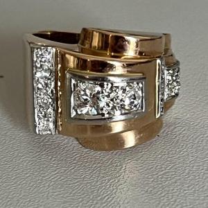 5595- Tank Ring Yellow Gold Platinum Diamonds