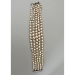 5645- Bracelet 5 Rows Of Falling Pearls With White Gold Clasp