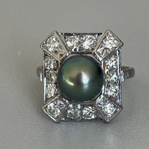 5710- Bague Platine Perle De Tahiti Diamants