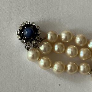 5927- 3 Row Pearl Bracelet White Gold Clasp Sapphire Diamonds