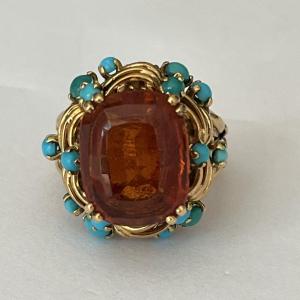 5964- Bague Or Jaune Citrine Turquoises