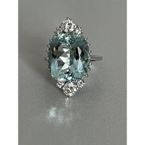 6512- Bague Platine Or Gris Aigue-marine Diamants
