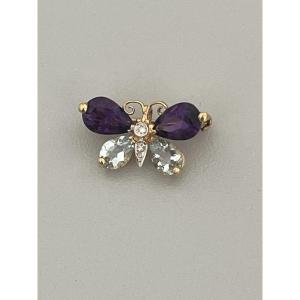 6452- Broche Papillon Or Jaune Améthystes Aigue-Marines Diamants