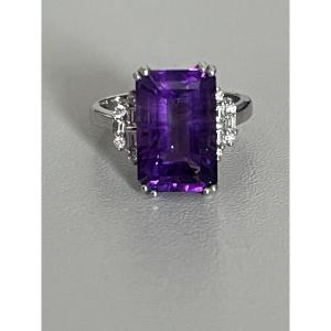 6521- Bague Or Gris Améthyste 6,00 ct Diamants