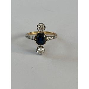 6012- Antique Duchess Ring Yellow Gold Platinum Sapphire Diamonds