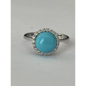 6628- White Gold Turquoise Cabochon Diamond Ring