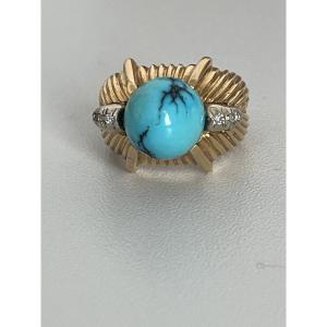 6712- Bague Dôme Or Jaune Turquoise Diamants