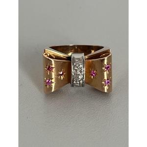 6745- Bague Tank Or Rose Platine Diamants Pierres Rouges
