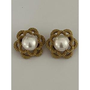 6621- Boucles d'Oreilles BELLIN Or Jaune Martelé Perles Mabé